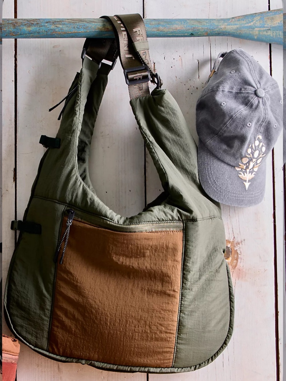 Free People Convertible Vest Tote Nylon Shoulder Bag Terrain Olive Green & Brown
